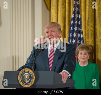 Washington DC,giugno 5,2017, USA: presidente Donald Trump J tiene una conferenza stampa nella Sala Est della Casa Bianca a Washington DC, per annunciare la sua intenzione di ristrutturare il sistema di controllo del traffico aereo. Egli è stato affiancato da Sec di trasporto, Elaine Chou. Trump ha firmato un ordine esecutivo per avviare il processo di ristrutturazione. È stato affiancato dal Vice Presidente Mike Pence. Patsy Lynch/MediaPunch Foto Stock