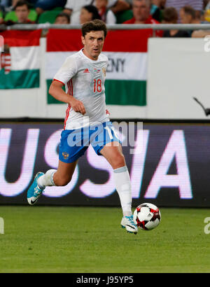 Budapest, Ungheria. 05 Giugno, 2017. BUDAPEST, Ungheria - 5 giugno: Yuri Zhirkov della Russia controlla la sfera durante l'International amichevole tra l' Ungheria e la Russia a Groupama Arena il 5 giugno 2017 a Budapest, Ungheria. Credito: Laszlo Szirtesi/Alamy Live News Foto Stock