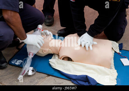 Fire e tecnici di EMS (EMT, paramedic) eseguire la RCP sul manichino CPR (RCP FORMAZIONE) - Washington DC, Stati Uniti d'America Foto Stock