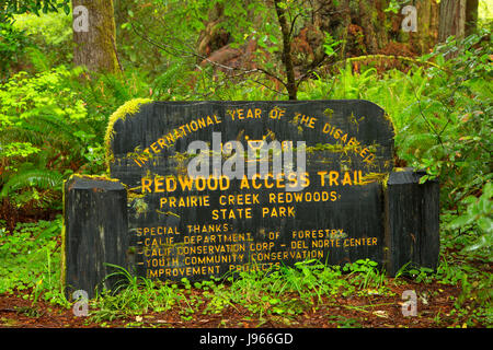 Accesso Redwood segnavia, Prairie Creek Redwoods State Park, il Parco Nazionale di Redwood in California Foto Stock