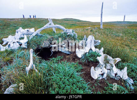 Antica casa di pit rovine a Capo Dezhnev, Estremo Oriente Russo, la più lontana a est di Eurasia. Foto Stock