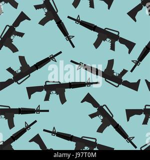 Fucile automatico M16 seamless pattern. Bracci su sfondo blu. Ornamento militare pistola. Illustrazione Vettoriale