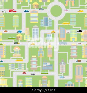 Città Modello senza giunture. Moderna metropoli con edifici, automobili e macchine. Cartoonish sfondo dei grattacieli ed edifici di uffici. Urban Texture o Illustrazione Vettoriale