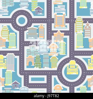 Strada di città seamless pattern. Edifici pubblici e grattacieli. Carino ornamento case e strade per il tessuto per bambini. Ampio background urbano. baby vei Illustrazione Vettoriale