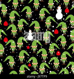 Elf Santas helper sfondo senza giunture. Festa della texture. Pupazzo di neve sacchetto con doni e texture. Illustrazione Vettoriale