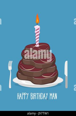 Torta di tagli di carne. Buon compleanno l'uomo. Bistecche deliziose. Congratulazioni card. Illustrazione Vettoriale Illustrazione Vettoriale