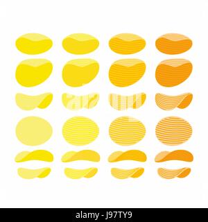 Set di patatine fritte. Golden, arancione e giallo chip ondulata da angoli diversi con diversi gusti. Illustrazione Vettoriale. Illustrazione Vettoriale