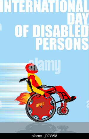 Giornata Internazionale delle Persone con Disabilità. Uomo sulla sedia a rotelle va con grande velocità. Motore turbo con il fuoco. La persona disabile sulla potente high-spe Illustrazione Vettoriale