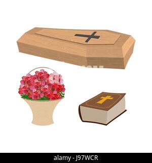 Impostare funerale. Bara e la Bibbia. Cesto di fiori per la sepoltura dei morti. Illustrazione Vettoriale accessori funebri Illustrazione Vettoriale