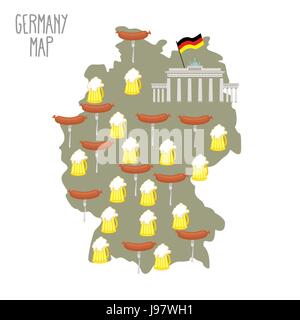 Mappa della Germania. Birra e salsicce. Attrazione Berlin Brandenburg Gate. Illustrazione Vettoriale. Illustrazione Vettoriale