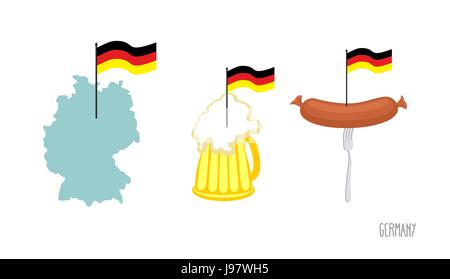 Impostare le icone simbolo tedesco. Mappa e bandiera tedesca. Birra e salsicce fritte. Realizzata in Germania. Illustrazione Vettoriale Illustrazione Vettoriale