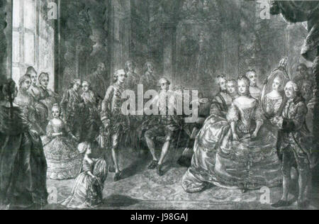 Presentazione del ritratto di Maria Antonia di Austria (Marie Antoinette) a Louis Auguste, Delfino di Francia di fronte a Luigi XV e la corte a Versailles Foto Stock