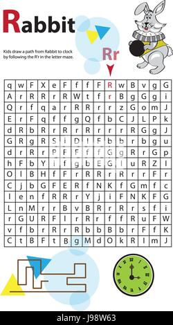 Lettera Maze R. Questo foglio di lavoro aiuta i bambini a riconoscere e il nome lettere maiuscole e lettere minuscole. I bambini inoltre esercitare le abilità di pensiero e la capacità motorica Illustrazione Vettoriale