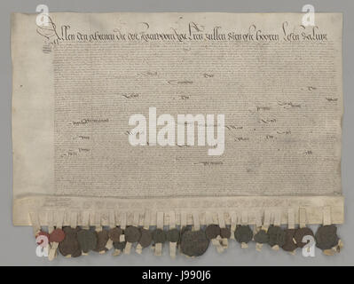 Un documento intitolato "ratifica della pacificazione di Gand", che riflette il significato politico e storico del trattato che ha contribuito a porre fine alla guerra degli ottant'anni tra spagnoli e olandesi nel XVI secolo. Foto Stock
