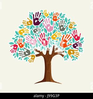 Una mano: albero realizzato in diverse handprints forma. Comunità aiuto concetto illustrazione. EPS10 vettore. Illustrazione Vettoriale