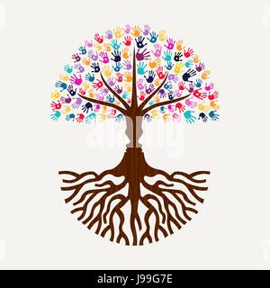 Tree fatta di colorate a mano arte stampa di volti umani silhouette. Diverse comunità nozione di aiuto sociale, dell'ambiente o di carità. EPS10 vettore. Illustrazione Vettoriale