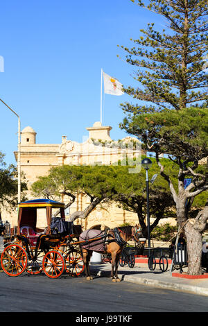 Un tradizionale maltese cavallo Karozzin in attesa per la custom al di fuori del maltese antico città di Mdina, Malta Foto Stock