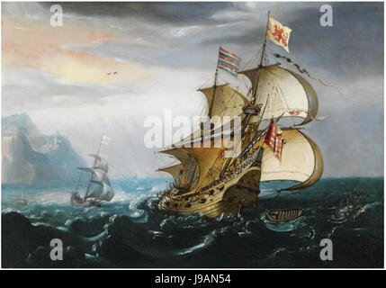 Sebastian Castro un commerciante olandese nave in acque increspato vicino a una costa rocciosa, balene nelle vicinanze Foto Stock
