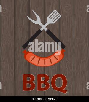 Icona di BBQ grill con strumenti e insaccato su sfondo di legno. Illustrazione Vettoriale Illustrazione Vettoriale