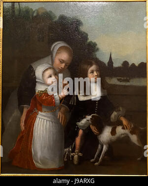 Nursemaid con due bambini e un cane, attribuita a Giacobbe Gerritz Cuyp, 1600, olio su tela villa Vauban città di Lussemburgo DSC06482 Foto Stock