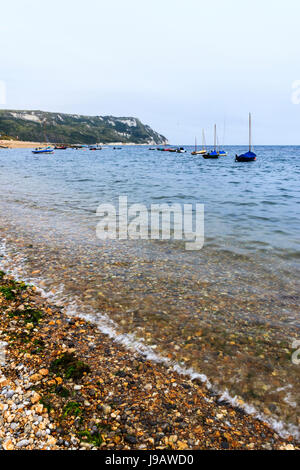 Barche a vela ormeggiata nella baia Ringstead, Dorset, England, Regno Unito, in estate Foto Stock