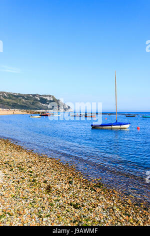 Barche a vela ormeggiata nella baia Ringstead, Dorset, England, Regno Unito, in estate Foto Stock