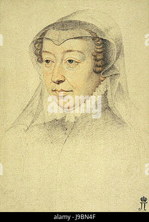 Un ritratto di Caterina de' Medici, vedova del re Enrico II di Francia, creato dall'artista Francesco Clouet, raffigurante lei come una potente e influente regina durante il Rinascimento francese. Foto Stock
