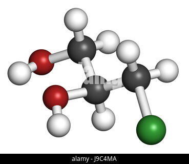 3-MCPD cancerogene da alimentare-molecola prodotto. Prodotto quando è stato aggiunto acido cloridrico al cibo per accelerare l'idrolisi proteica. Il rendering 3D. Gli atomi sono Foto Stock