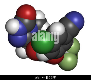 HIV Doravirine molecola di farmaco (non-nucleosidici inibitori della trascrittasi inversa). Il rendering 3D. Gli atomi sono rappresentati come sfere con colore convenzionale Foto Stock