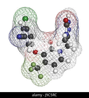 HIV Doravirine molecola di farmaco (non-nucleosidici inibitori della trascrittasi inversa). Il rendering 3D. Gli atomi sono rappresentati come sfere con colore convenzionale Foto Stock