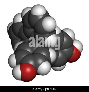 Fluorene-9-bisfenolo (BHPF molecola). Utilizzato come alternativa per il bisfenolo A (BPA) ma è stato trovato per essere Endocrine Disruptor come bene. Il rendering 3D. Gli atomi sono ri Foto Stock