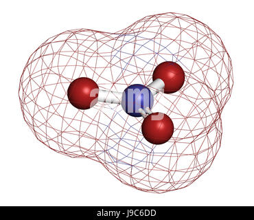 Anione nitrato, struttura chimica. Il rendering 3D. Gli atomi sono rappresentati come sfere con i tradizionali colori: azoto (blu), Ossigeno (rosso). Foto Stock