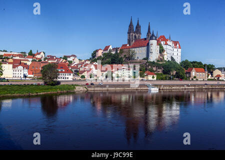 Panorama, paesaggio urbano Castello di Albrechtsburg Meissen, Sassonia, Germania, Europa città fiume Foto Stock