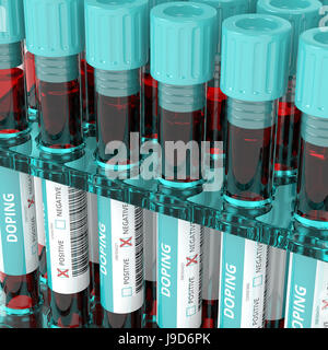 3D rendering di anti doping sangue provette in rack. Risultato positivo. Foto Stock