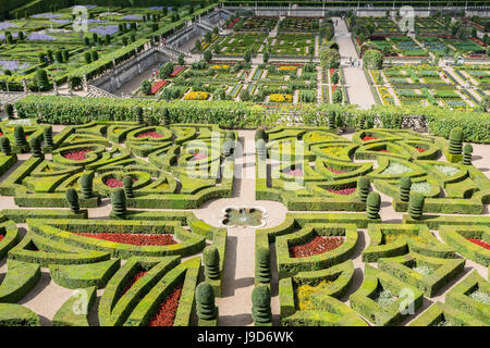 I giardini del castello di Villandry dal di sopra, Villandry, Sito Patrimonio Mondiale dell'UNESCO, Indre-et-Loire, Valle della Loira, in Francia, in Europa Foto Stock