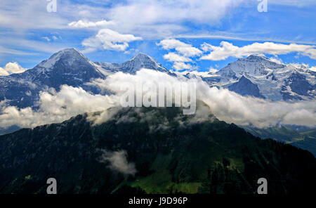 Eiger, Monch e Jungfrau, visto da di Schynige Platte, Oberland bernese, il Cantone di Berna, Svizzera, Europa Foto Stock