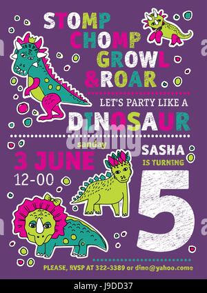 Invito i dinosauri ragazza festa di compleanno. Illustrazione Vettoriale