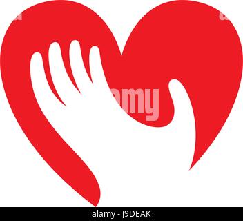 Cuore con il simbolo Mano, segno, icona logo, modello per carità, salute, volontaria, ecc. Illustrazione Vettoriale