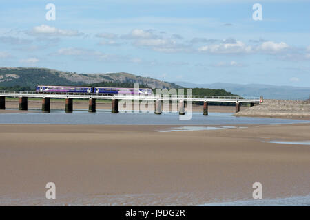 Classe 156 super sprinter dmu azionato da Nord a Arnside sul Furness linea che attraversa il fiume Kent come esso scorre sotto Arnside viadotto. Foto Stock