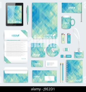 Set di blu di vettore corporate identity modello. Cartoleria moderna mock-up. Sfondo con triangoli blu. Business, scienze, medicina e tecnologia design. Branding design. Illustrazione Vettoriale