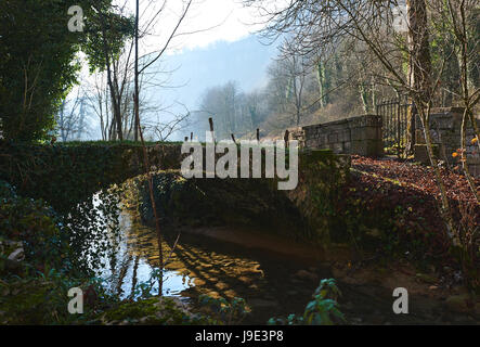 Piccolo fiume che corre attraverso il centro di La Baume-les-Messieurs village. Dipartimento del Giura di Franche-Comte. Baume-les-Messieurs è classificato come uno dei Foto Stock