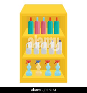 Ripiani in negozio con prodotti chimici, icona di stile cartoon Illustrazione Vettoriale