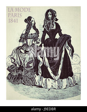 Parigi 1841 moda; due giovani donne vestite di fantasia con ermellino decorazione di pelliccia, cappello, taglio di capelli e velo pronto a andare fuori, illustrazione vintage Foto Stock