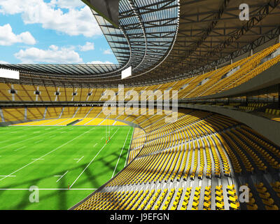 3D render di un round rugby stadium con sedi di giallo e scatole di VIP per centinaia di migliaia di persone Foto Stock