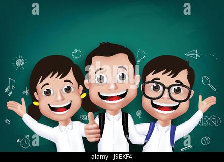 Bambini studente ragazzi e ragazze sorridenti nella parte anteriore della lavagna con il Ritorno a scuola disegni scritti in background. Illustrazione Vettoriale Illustrazione Vettoriale