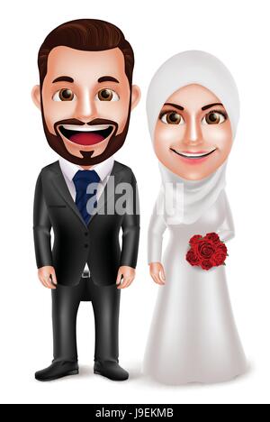 Coppia musulmana caratteri vettoriali come sposa e lo sposo che indossa il hijab e bianco abito da sposa e il nero Tuxedo isolato in uno sfondo bianco. Illustrazione Vettoriale