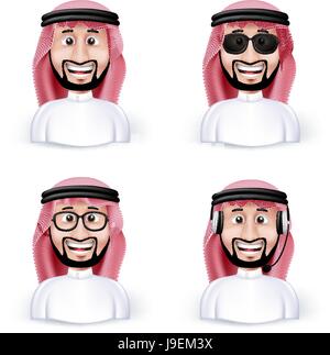 Set di Arabia uomo arabo in diverse Professional e Business Man caratteri e avatar in panni tradizionali o Thobe isolato in uno sfondo bianco. Illustrazione Vettoriale