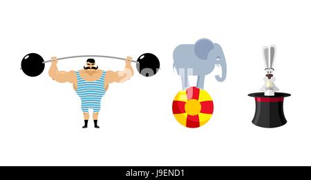 Circus elementi del set. Vintage circus uomo forte. Atleta retrò con un barbell. Antica bodybuilder. Circus elephant sulla sfera. Animali selvatici nella giungla di circuiti Illustrazione Vettoriale