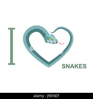 Io amo i serpenti. Il simbolo del cuore di snake. Python avvolto a ricciolo. Illustrazione Vettoriale di rettili. Illustrazione Vettoriale