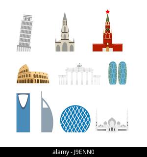 Impostare un punto di riferimento in Germania, in Russia. Attrazione di Dubai, Roma. Attrazione di architettura di diversi paesi e stati. Illustrazione Vettoriale di edifici. Illustrazione Vettoriale